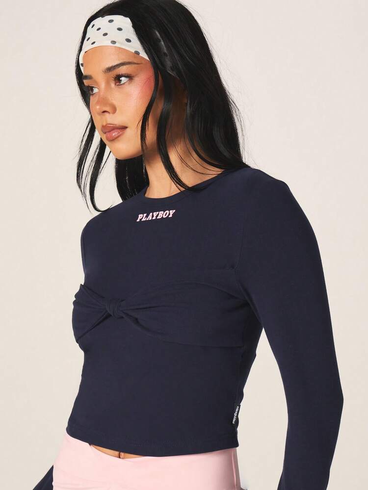 Missguided x Playboy Women's Long Sleeve Navy Blue Crew Neck Top With Front Twist Ruched Detail And Pink Logo Print Casual Fitted Blouse