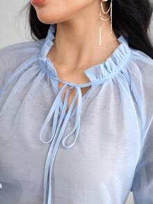 Modelyn Áo kiểu nữ dáng rộng, cổ bèo nhún, tay phồng, thích hợp cho mùa xuân/hè. - Màu xanh lam - Xem 2