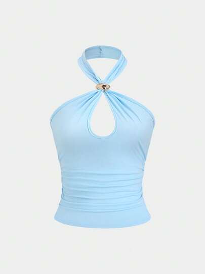 Sweetra Sexy Halter Neck Solid Color Metal Decor Fitted Crop Top, Chic And Stylish For Women