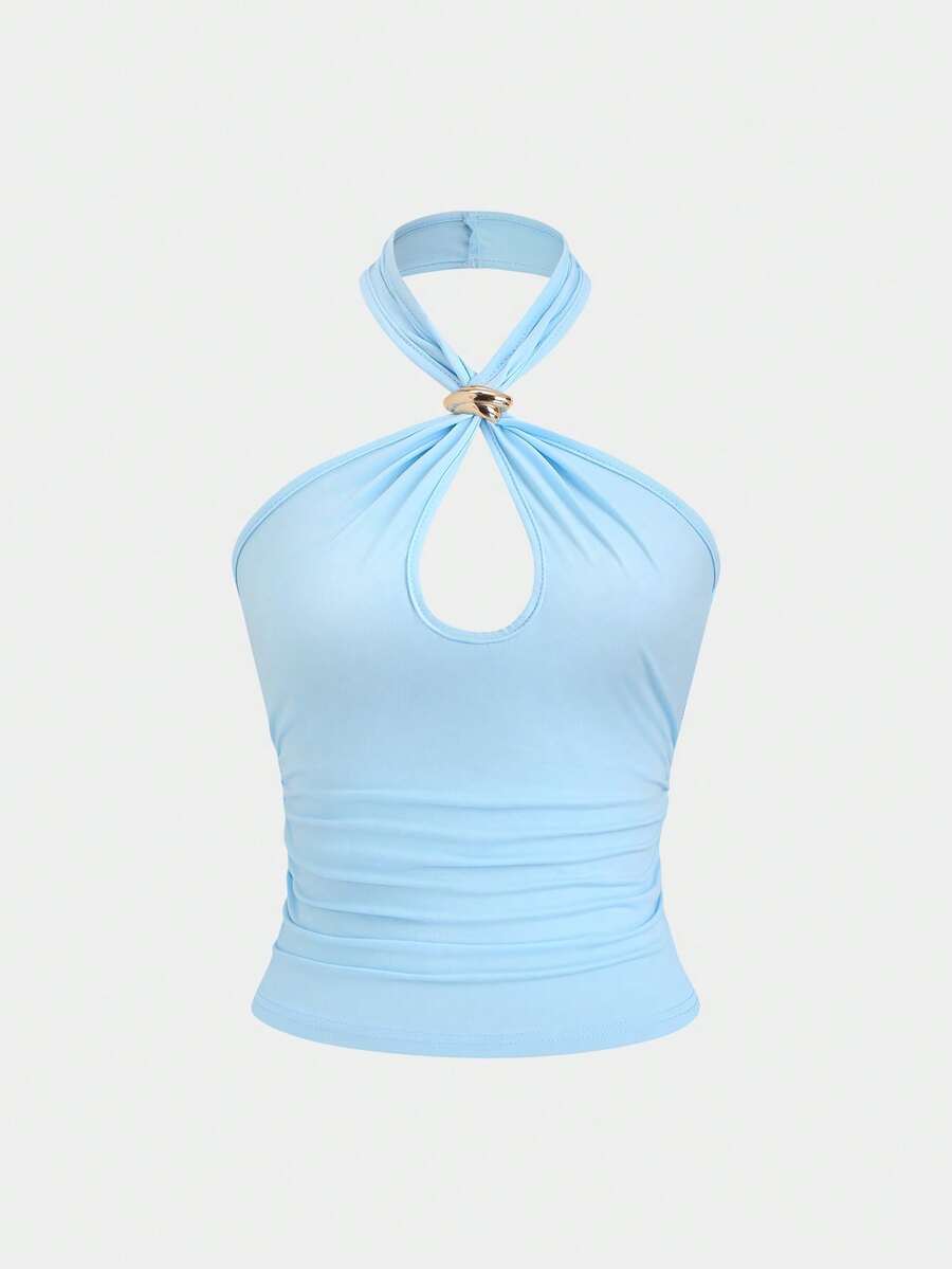 Sweetra Sexy Halter Neck Solid Color Metal Decor Fitted Crop Top, Chic And Stylish For Women - Blue - View 1