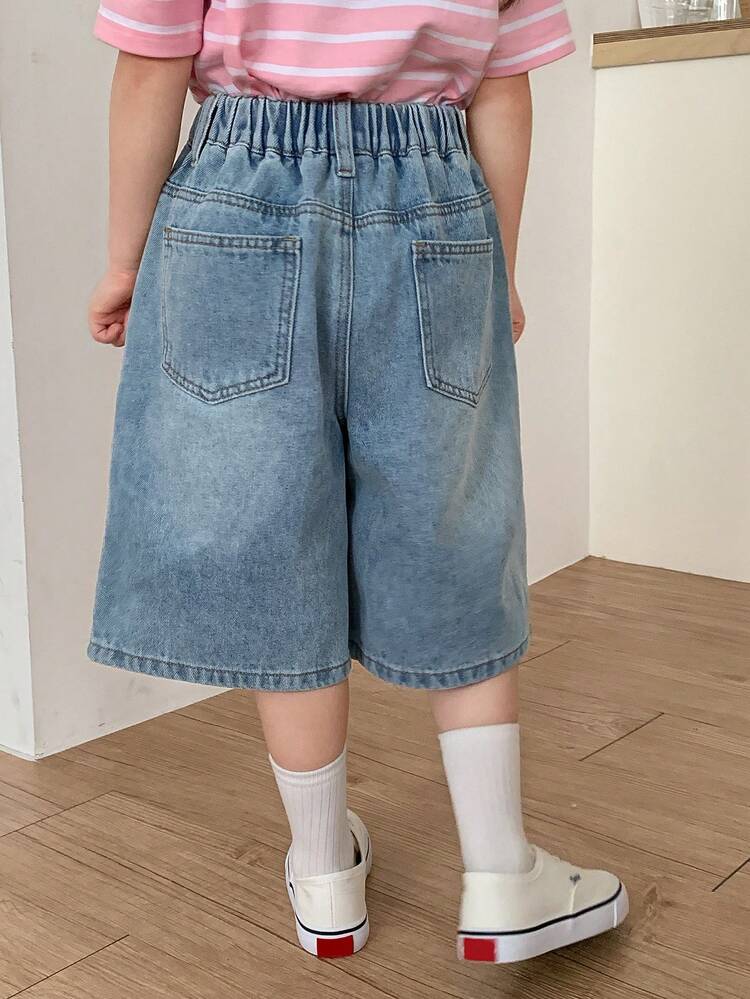 Young Girls Elastic Waist 3/4 Length Denim Shorts Summer