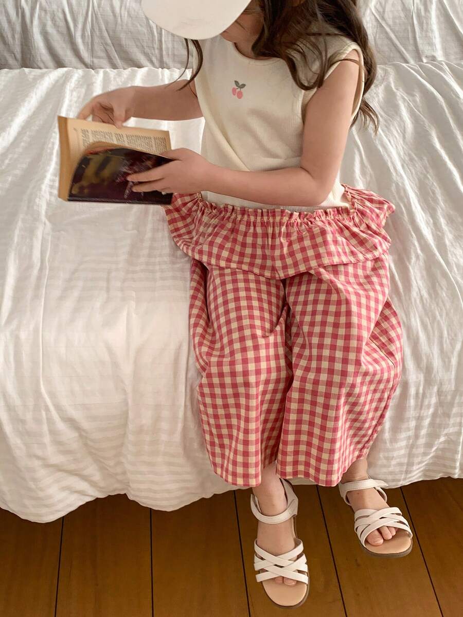 DAZY 少女樱桃印花圆领格子荷叶边下摆T恤和阔腿裤休闲套装 - 紅色 - 查看 1