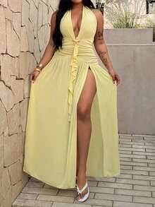 Rustia Plus Size Women's Deep V-Neck Halter Tie Ruched A-Line Flowy Elegant Vintage Maxi Dress, Suitable For Party, Beach, Holiday, With Ruffle Hem And Metallic Starfish Decor - Yellow - View 3