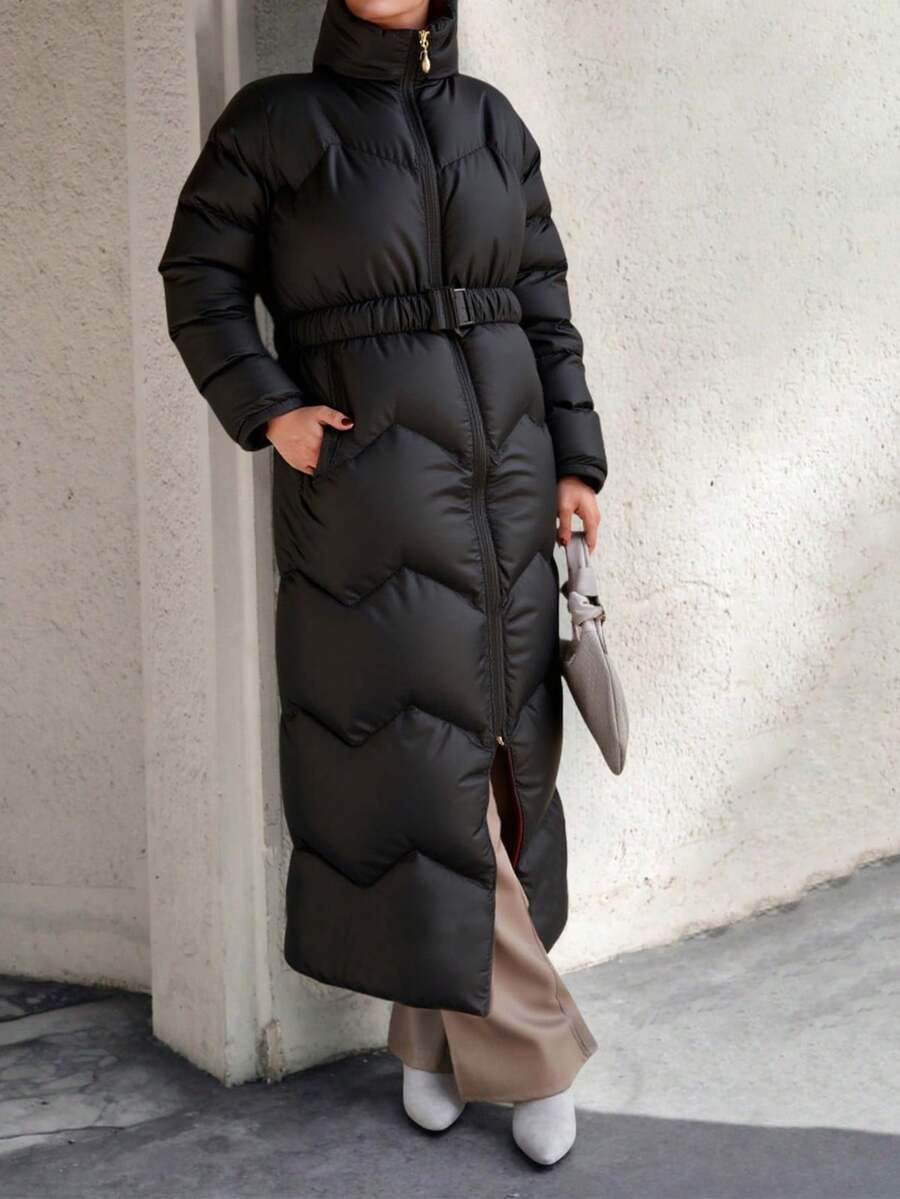 EURMUSE Abrigo acolchado y acolchado de color negro de corte holgado con cinturón y ribete rojo, cremallera y bolsillo, manga larga, elegante abrigo de invierno - Negro - Ver 1