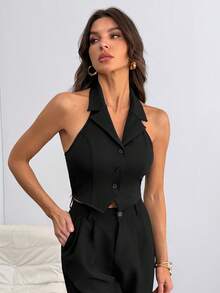 SHEIN Tall Women Lapel Collar Backless Sleeveless Front Button Blazer In Fall/Winter - Black - View 4