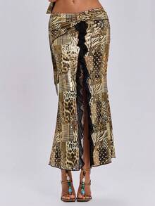 ROMWE Y2K Animal Print Metallic Sexy Beach Vacation Style Ruffle Hem Bodycon Skirt For Women - Gold - View 5