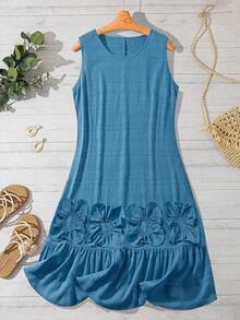 SHEIN LUNE 大码无袖连衣裙，饰有3D立体花卉图案，休闲假日风格 - 藍色 - 查看 2