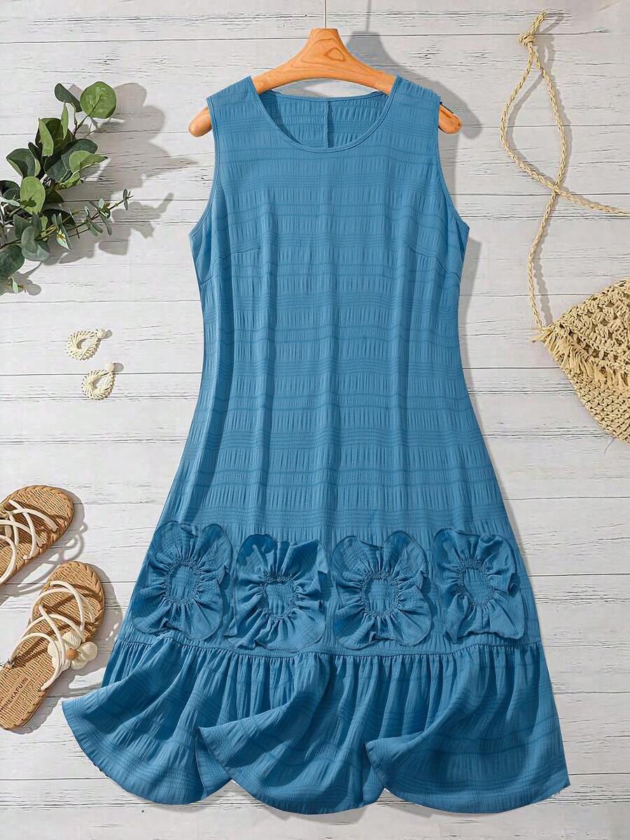 SHEIN LUNE 大码无袖连衣裙，饰有3D立体花卉图案，休闲假日风格