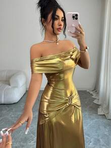 Rafferiza Women's Elegant Off-The-Shoulder, Fitted Waist, Coated Waist With Ruching And Metal Buckle Embellishments, Bodycon Fashion Dress. Other Styles Include Elegant Women's Dresses, Elegant Gowns, Luxurious Dresses, Yellow Dresses, Summer Dresses, Women's Summer Dresses, Spring Dresses, Women's Summer Outfits, Party Outfits, Elegant Women's Party Dresses, Off-The-Shoulder Dresses, Metallic Dresses, Elegant Long Dresses, And Shimmering Dresses.Turkish Abaya, Arab Long Robe Fall Summer For Women - Champagne - View 3