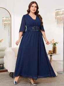 Reflora Đầm nữ cỡ lớn màu trơn đính đá, thiết kế eo, tay xòe, kiểu dáng thanh lịch. - Màu xanh hải quân - Xem 7