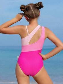 SHEIN 少女三色拼接连体泳衣，时尚休闲，适合游泳和度假，夏季 - 彩色 - 查看 2