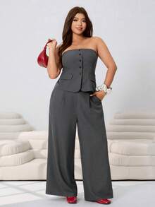 Solflare 大码女式纯色单排扣吊带背心套装，春夏款 - 灰色 - 查看 2