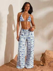 Swim Vcay 女士沙滩度假条纹贝壳和海星印花罩衫上衣和裤子套装 - 藍色 - 查看 7