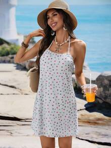 EMERY ROSE Women's Polka Dot Print Casual Halter Mini Dress For Vacation - Baby Blue - View 5