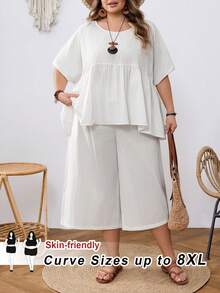 SHEIN CURVE+ Curve 尺码 US22 音乐节、海滨度假、波西米亚风两件套女式娃娃衫和七分裤，棉质面料 - 白色 - 查看 8