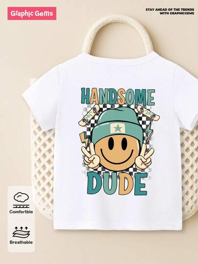 Young Boy Casual Fashion Creative Checkerboard Face & Letter, Skateboard Graphic Print Short Sleeve Round Neck T-Shirt, Suitable For Daily Wear, School, And Outdoor Play In Summer