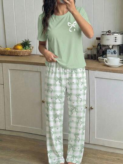 Mädchen grünes Top mit Schleifen-Muster, kombiniert mit grün kariertem Schleifen-Muster locker gestricktem 2-teiligem Pyjama-Set, bequem, weich, süß und elegant