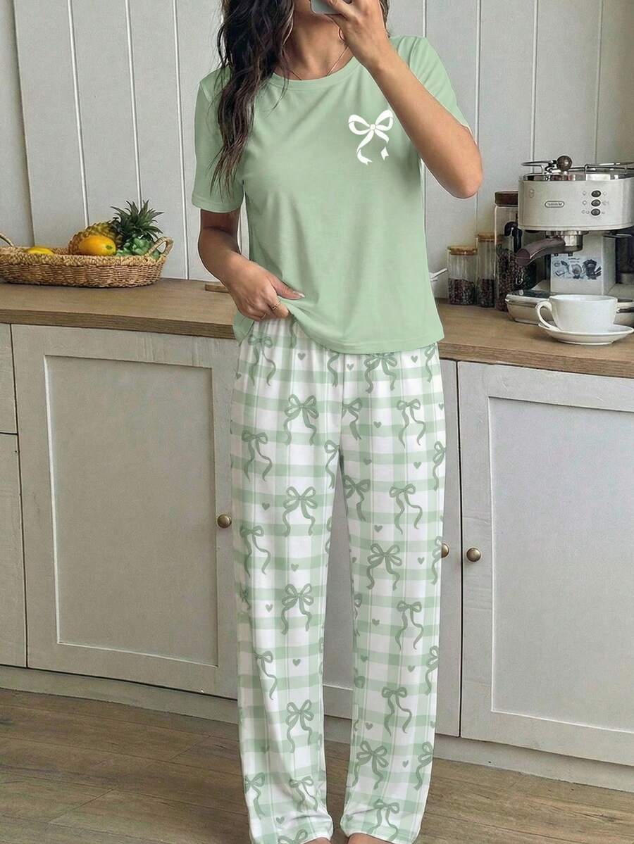 Girls' Green Top With Bow Print, Paired With Green Plaid Bow Print Loose Knit 2 Pieces Pajama Set, Comfortable, Soft, Sweet And Elegant Style - Green - View 1