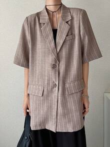 FRIFUL Women's Revere Collar Short Sleeve Striped Loose Blazer - Apricot - View 3