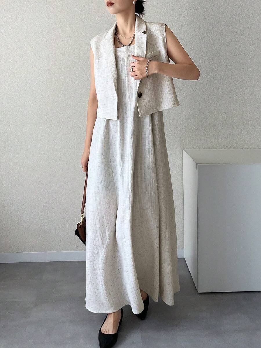 FRIFUL 女士西装外套和长款吊带裙两件套，款式时尚，夏季 - 卡其色 - 查看 1