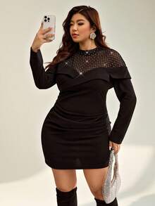 Auralis Plus Size Women Black Autumn Elegant Formal Evening Night Out Club Dress,Rhinestone Geometric Mesh Patchwork Ruffle Long-Sleeved Bodycon Mini Dress - Black - View 5