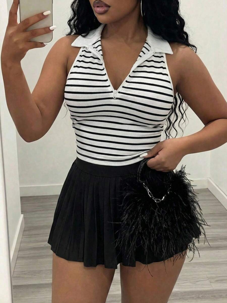 Slaydiva Women's Black And White Striped Two-Piece Set Summer Casual School Back-To-School Outfit,Polo Collar Zipper Vest & Pleated Mini Skirt Y2K Style