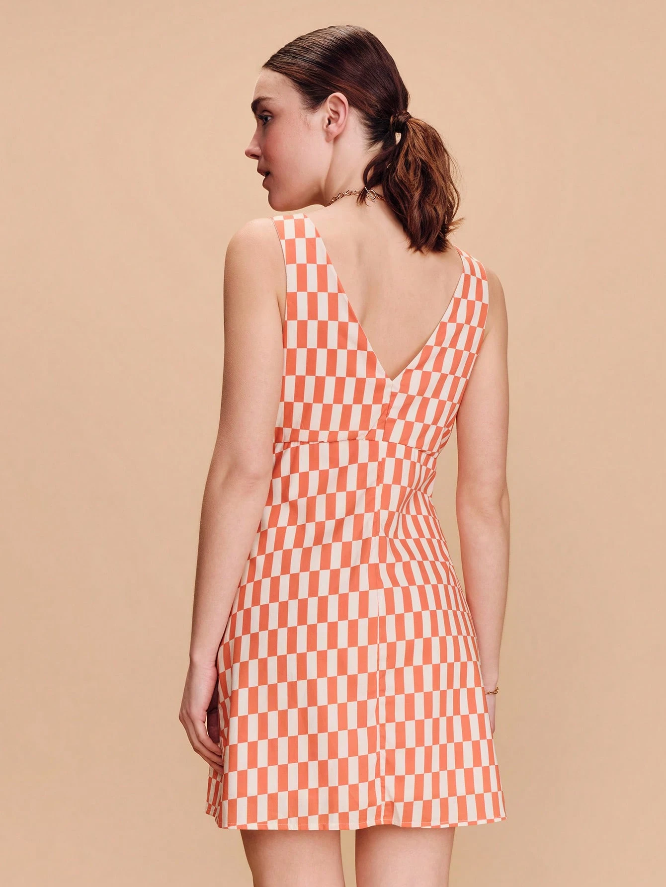 Vintage V-Neckline Mini Dress With An Orange Geometric Pattern And Front Button Closure Spring Summer Vacation Dress French Style Parisian Style Going Out Vintage Dress Dress For Women Xs Dress For Women Yacht Dress