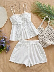 Soleia Nuevo conjunto de 2 piezas de ropa de estar en casa informal de unicolor con camiseta de tirantes y pantalones para mujeres, adecuado para vacaciones, días festivos, playa, vacaciones de primavera, festivales de música, estilo bohemio, escapadas tropicales, romántico y versátil para salidas y citas - Blanco - Ver 3