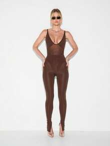 KIZN Button Detail Mesh High Waisted Full Length Leggings With Decorative Elements For Casual Everyday Wear - Chocolate Brown - View 3
