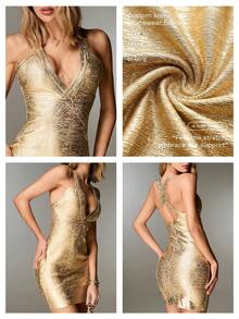Nuvra Women's Vacation Visually Striking Alluring Sexy Bodycon Charming Waist-Cinching Deep V-Neck Regular Foil Gold Spaghetti Strap Sleeveless Bandage Bodycon Dress Gold Cocktail Dress Bandage Dress For Women Tummy Coverage Dresses Gold Sequin Dress Sequence Dress - Gold - View 2