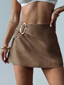 Firerie Women's New Minimalist Elegant Fashion Commuter Metal Accessory Front Wrap Linen Mini Skirt - Brown - View 6