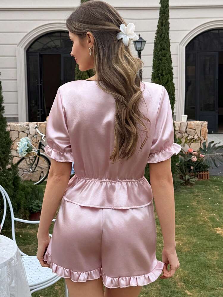 Summer French Style Sweet Contrast Color Tie Petal Sleeve Ruffle Hem Women Pajama Set