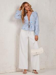 SHEIN Glamour 女士时尚多色条纹刺绣衬衫 - 彩色 - 查看 4