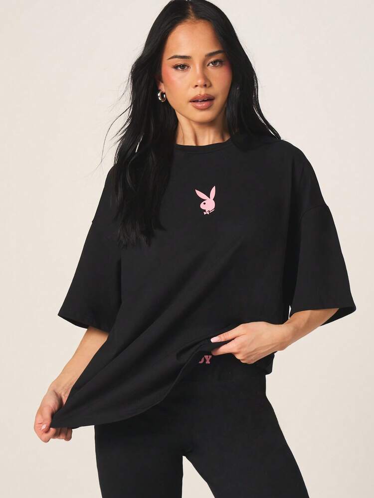 Missguided x Playboy Women's Oversized Black Short Sleeve Graphic T-Shirt With Pink Logo Print Crew Neck Casual Streetwear