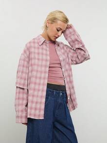 COUREZ 长袖宽松格纹双层衬衫 / Y2K 春季女装 粉色衬衫 外出穿搭 夏季穿搭 春假穿搭 夏季衬衫 - 粉色 - 查看 6