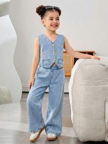 2pcs Young Girl' Light Blue Denim Sleeveless Vest And Loose Pants Set - Light Wash - View 3