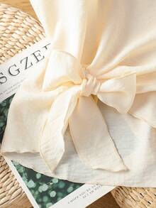 Franclia 优雅圆领休闲百搭不对称下摆系结杏色短袖女式衬衫 - 杏色 - 查看 6