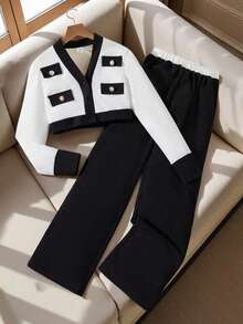 2 件套女孩都市优雅通勤贵族奢华黑白撞色夹克和通勤长裤套装 - 黑與白 - 查看 1