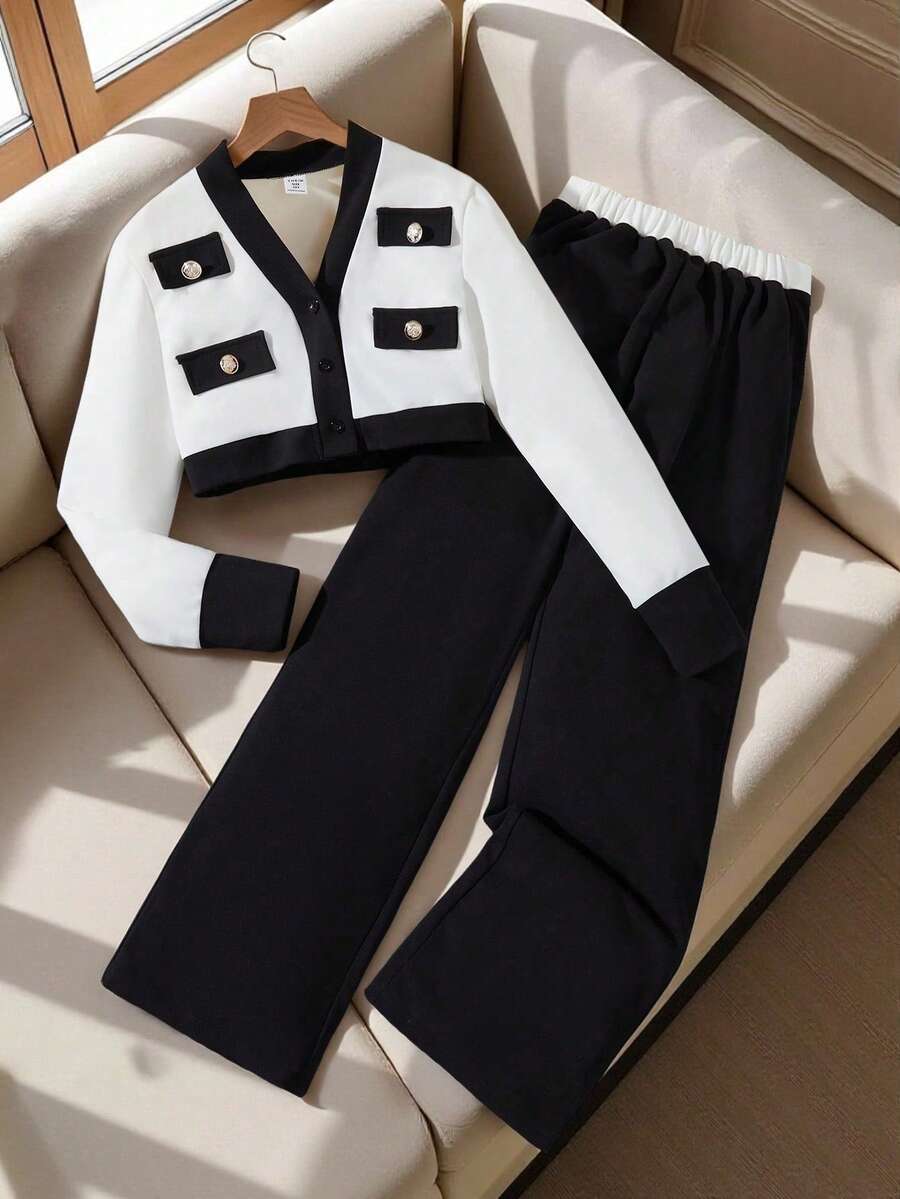 2 件套女孩都市优雅通勤贵族奢华黑白撞色夹克和通勤长裤套装 - 黑與白 - 查看 1