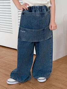 DAZY Young Girl Elastic Waist Patchwork Design Loose Casual Wide Leg Jeans - Blue - View 6