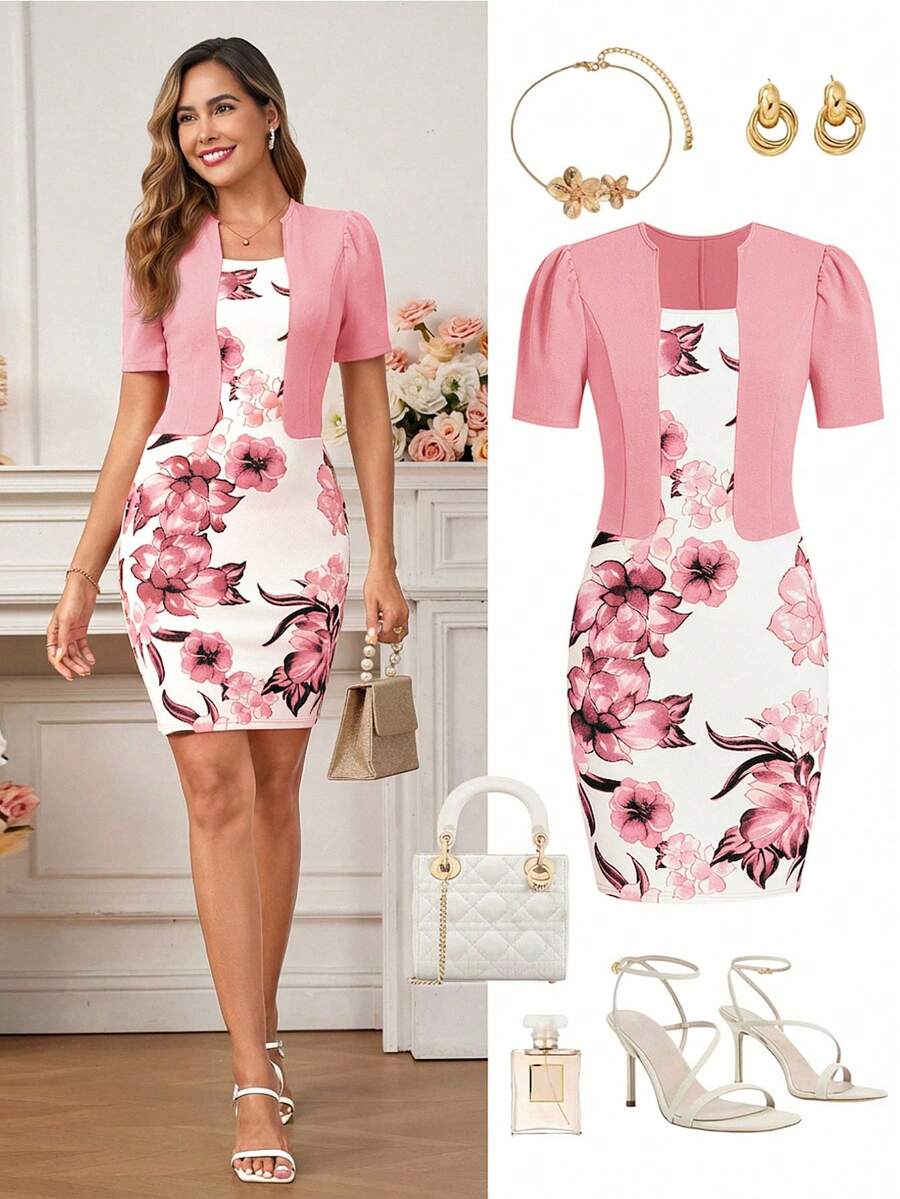Ellevyn Đầm dự tiệc mini 2 trong 1 in hoa thanh lịch dành cho nữ, có phần eo thắt gọn. - Hồng - Xem 1