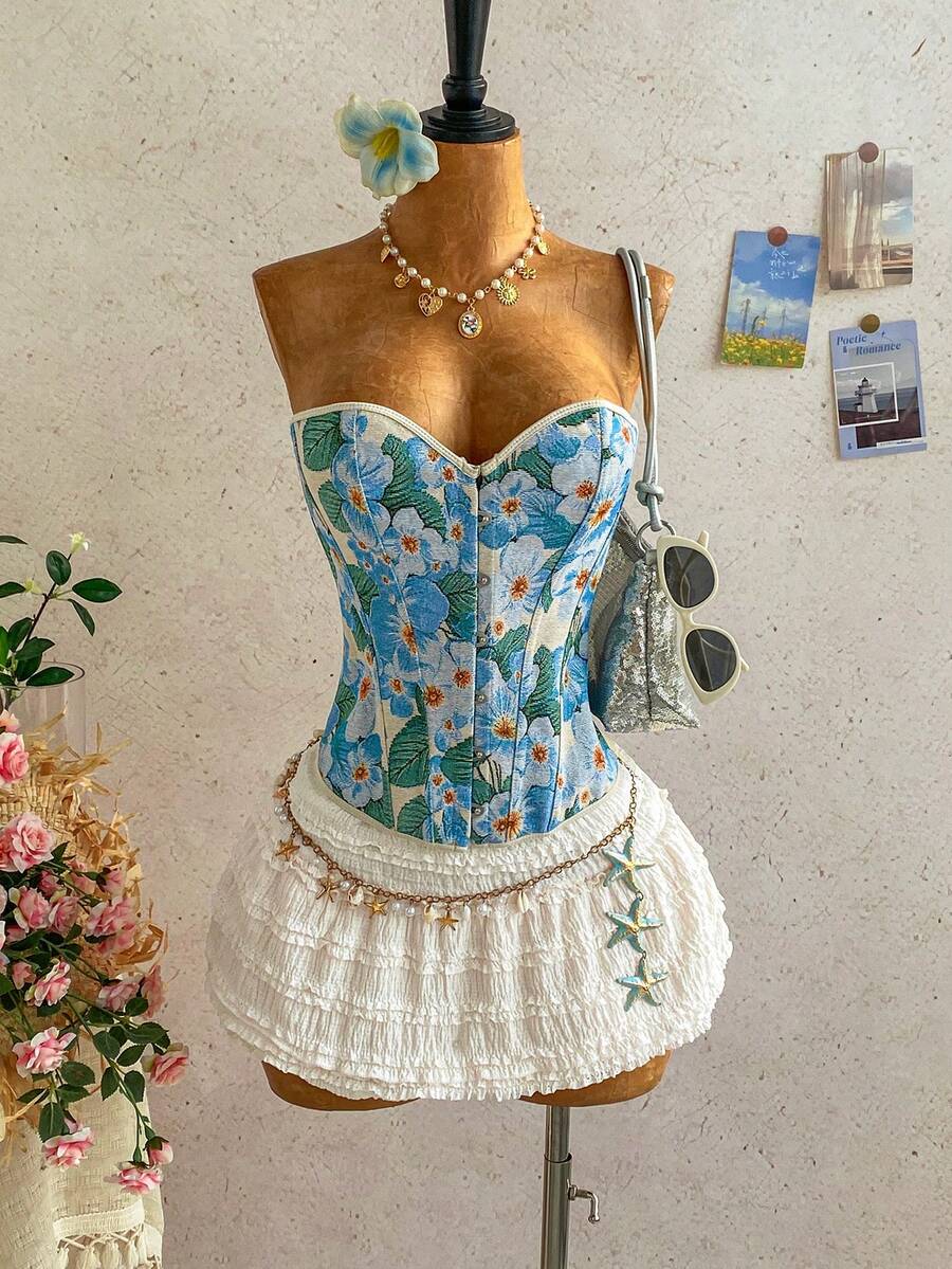 Soleia Áo hai dây cài nút định hình phía trước họa tiết hoa jacquard dành cho nữ - Màu xanh lam - Xem 1