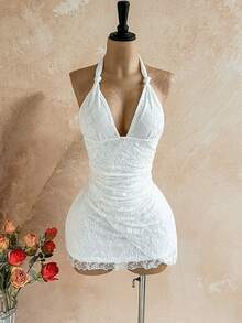 Soleia Đầm mini hở lưng ren trơn màu thanh lịch gợi cảm cho nữ - trắng - Xem 6