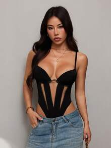 SHEIN PETITE 纯色休闲时尚度假性感吊带连体衣女款网纱连体衣 - 黑色 - 查看 7