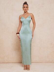 Lumalex Đầm ôm sát cơ thể bằng vải satin jacquard, kiểu dáng thắt eo, dây xoắn dành cho nữ. - Màu xanh Bạc hà - Xem 2