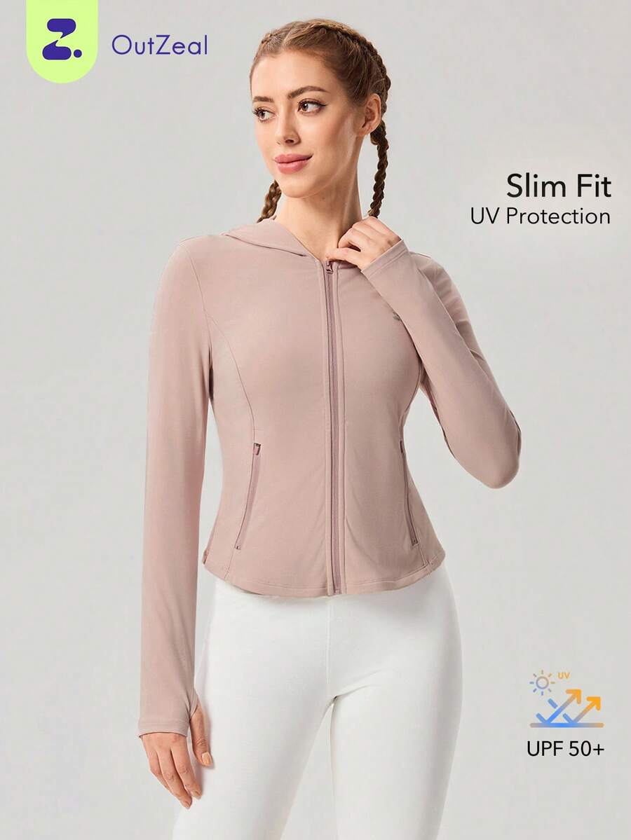 OutZeal Women Sun-Proof Jacket Gym Workout UV Protection Slim Fit Zip Up Hood Outdoor Tops - Dusty Pink - View 1