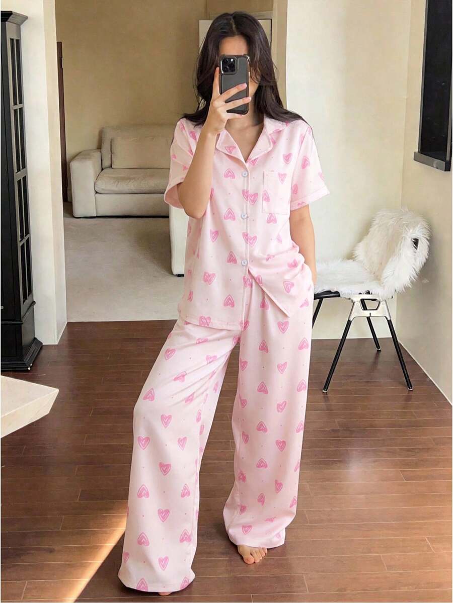 Girls Butterfly Decor Collar Cardigan Short Sleeve Top & Pants 2 Pieces Casual Pajama Set Heart Print Pajamas - Pink - View 1
