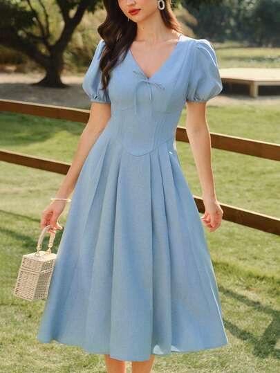 Vintamour 复古优雅女士连衣裙，带口袋，蝴蝶结装饰，休闲通勤度假连衣裙，夏季女装，夏季度假装，春季女装，春季连衣裙，春季服装，春假装，春季女装，春季优雅派对连衣裙，优雅派对连衣裙，婚礼宾客连衣裙，婚礼派对连衣裙，毕业礼服，优雅典礼连衣裙，优雅女士连衣裙，正式礼服