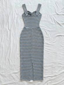 Soleia Women's Vacation Striped Twist Design Casual Spaghetti Strap Mid-Length Dress - Baby Blue - View 2