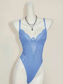 SHEIN ICON Y2K 春季嘉年华蕾丝拼接紧身吊带露脐上衣高腰露背连体衣女款 - 藍色 - 查看 3